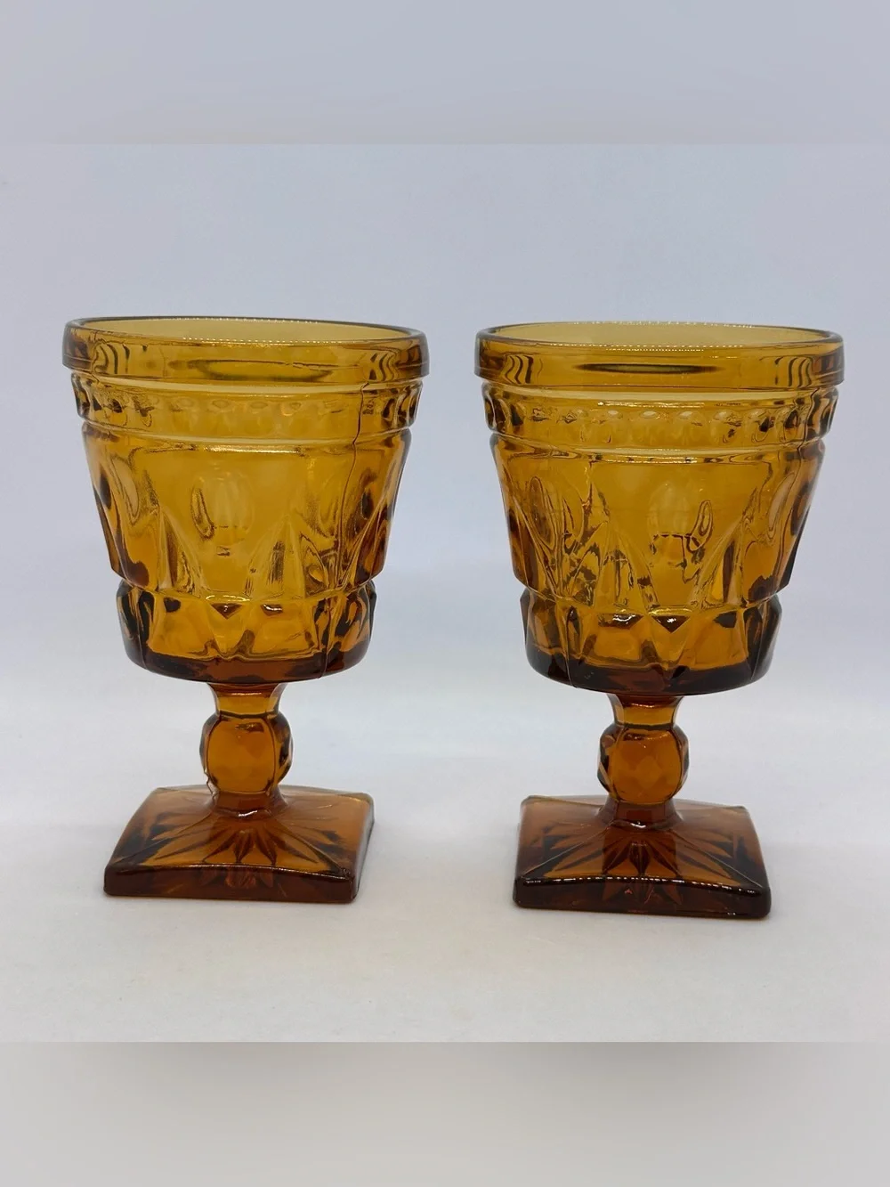 Set Of 2 Indiana Glass Park Lane Colony Amber Footed Water Goblets Vintage 5.5